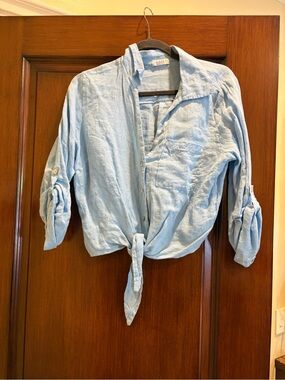 Light Blue Linen Tie-Front Button-Down Shirt -